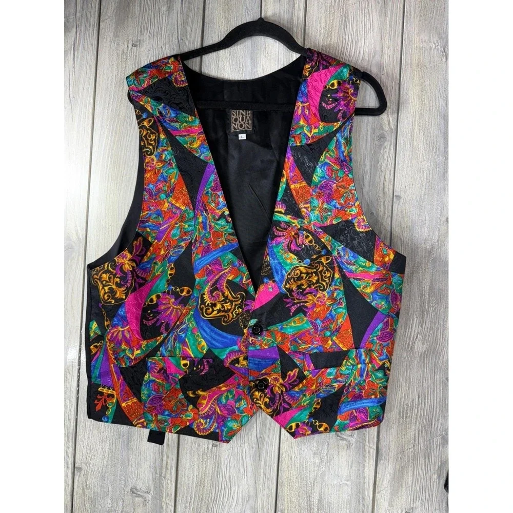 Sine Qua Non Vintage 90s Baroque Scarf Print Vest Multi Color Mens Large L